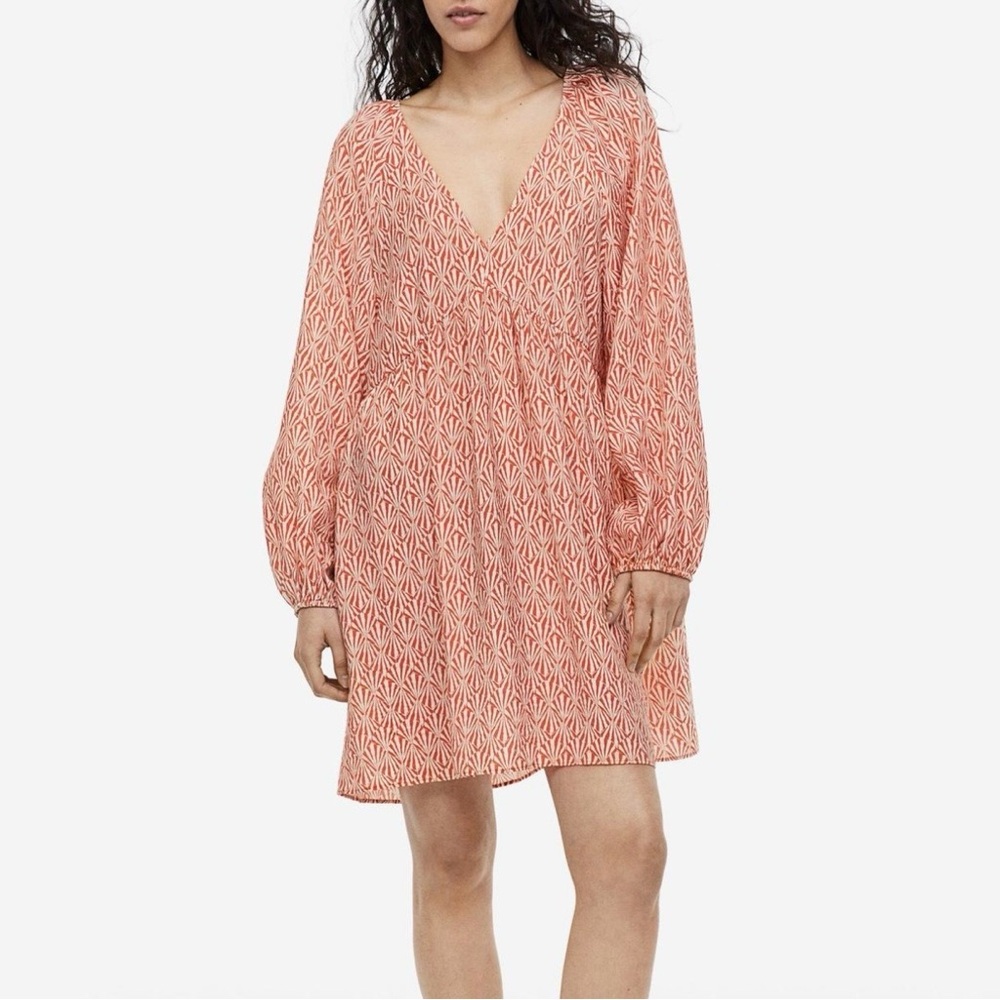 H&M NWT Patterned Long Sleeve V Neck Viscose Mini Dress Orange Size XXL